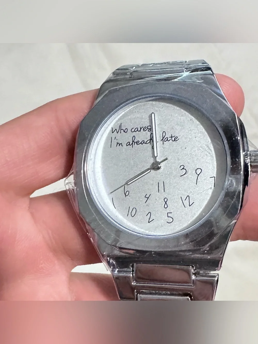 Silver Stainless Steel Novelty Watch - 'Who Cares I'm Already Late'